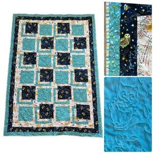 Handmade Whimsical Owl Quilt With Soft Fleece Underside. NEW.
